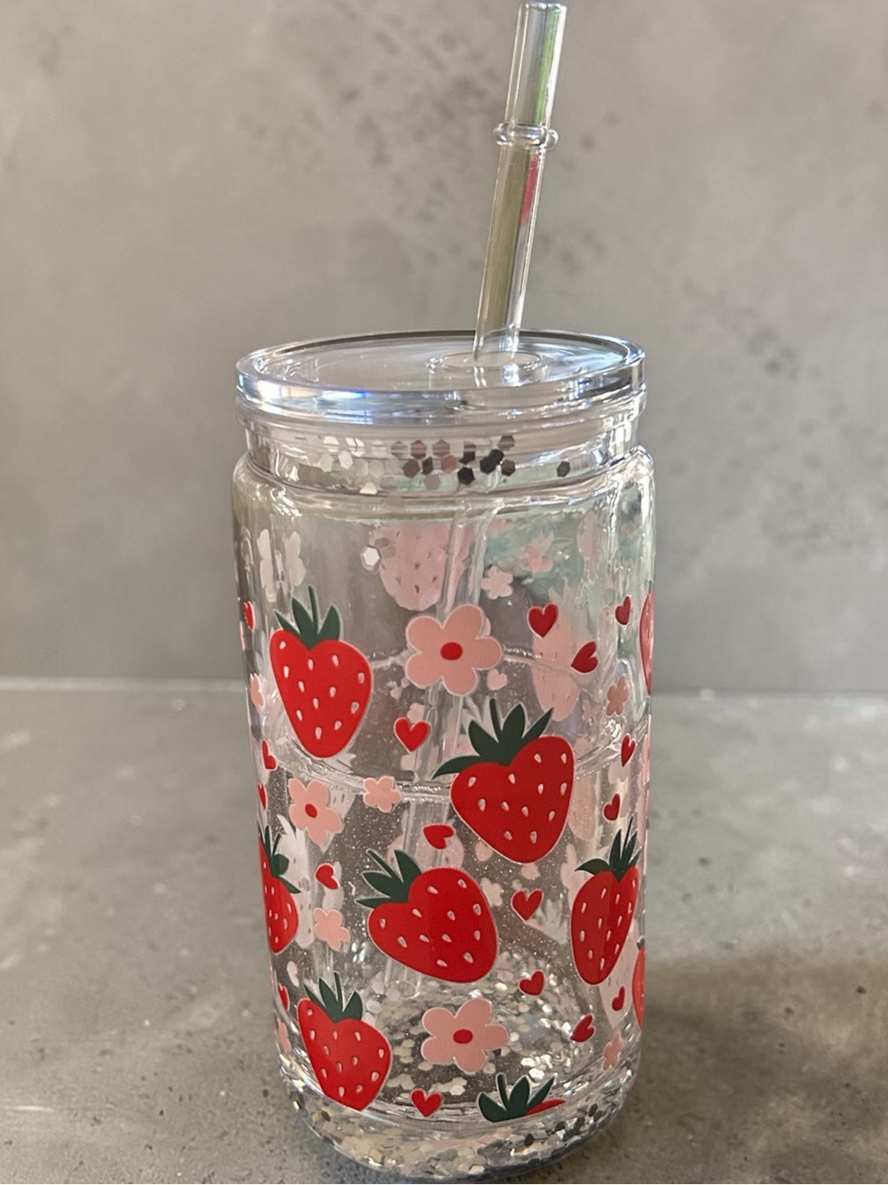 Clear Strawberry Print Tumbler with Reusable Straw - Red & Pink